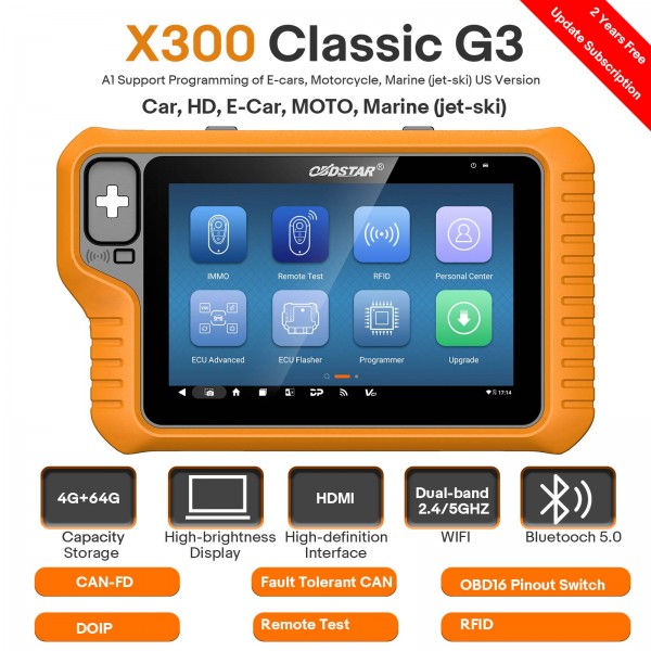 2024 OBDSTAR X300 Classic G3 Key Programmer Support Car/ HD/ E-Car/ Motorcycles/ Jet Ski